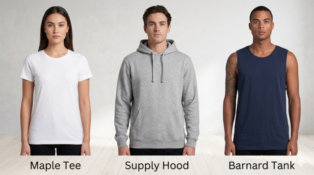 Three models standing side-by-side showcasing AS Colour garments: a woman in a white Maple Tee, a man in a grey Supply Hood, and a man in a navy blue Barnard Tank.