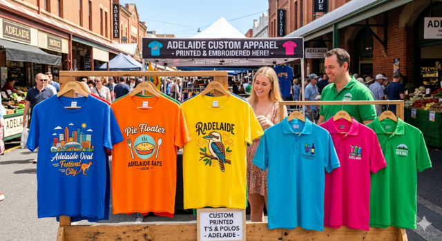 A vibrant display of custom-printed t-shirts and polos at an outdoor Adelaide market, featuring bright colors and local South Australian designs including the Adelaide Oval, Barossa Valley