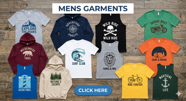 A collection of men's garments including T-shirts, hoodies, and singlets in various colors like blue, green, and maroon, each featuring unique graphic prints such as mountains, anchors, and wildlife