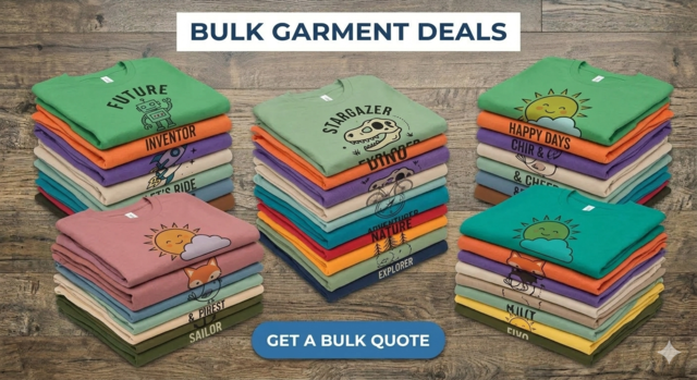 Three large stacks of folded, multicolored t-shirts, including green, peach, blue, and teal, are arranged on a rustic wooden background under a banner reading "BULK GARMENT DEALS