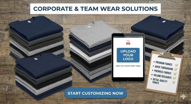 Neatly stacked professional t-shirts in navy, charcoal, and heather grey on a wooden surface next to a tablet displaying an "Upload Your Logo