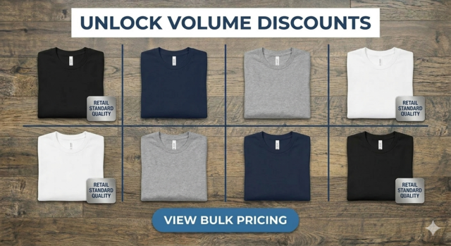 A professional grid display of neatly folded retail-quality t-shirts in black, navy, heather grey, and white on a wood background.