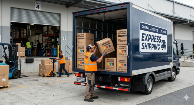 A delivery driver loading cardboard boxes labeled "Printed T-Shirts" into a blue logistics truck with "Express Shipping" branding at a warehouse loading dock.