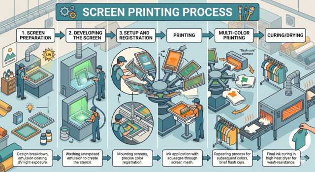 A detailed infographic showing the 6-step screen printing process: screen preparation with UV light, developing the screen, setup and registration on a carousel press, ink application with a squeegee, multi-color printing, and final heat curing in a conveyor dryer.