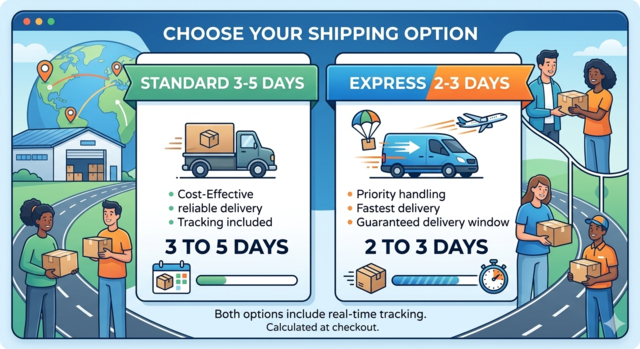 A comparison graphic showing two shipping options: Standard 3-5 days represented by a delivery truck, and Express 2-3 days represented by a fast van and airplane. The image includes icons for tracking and guaranteed delivery windows.