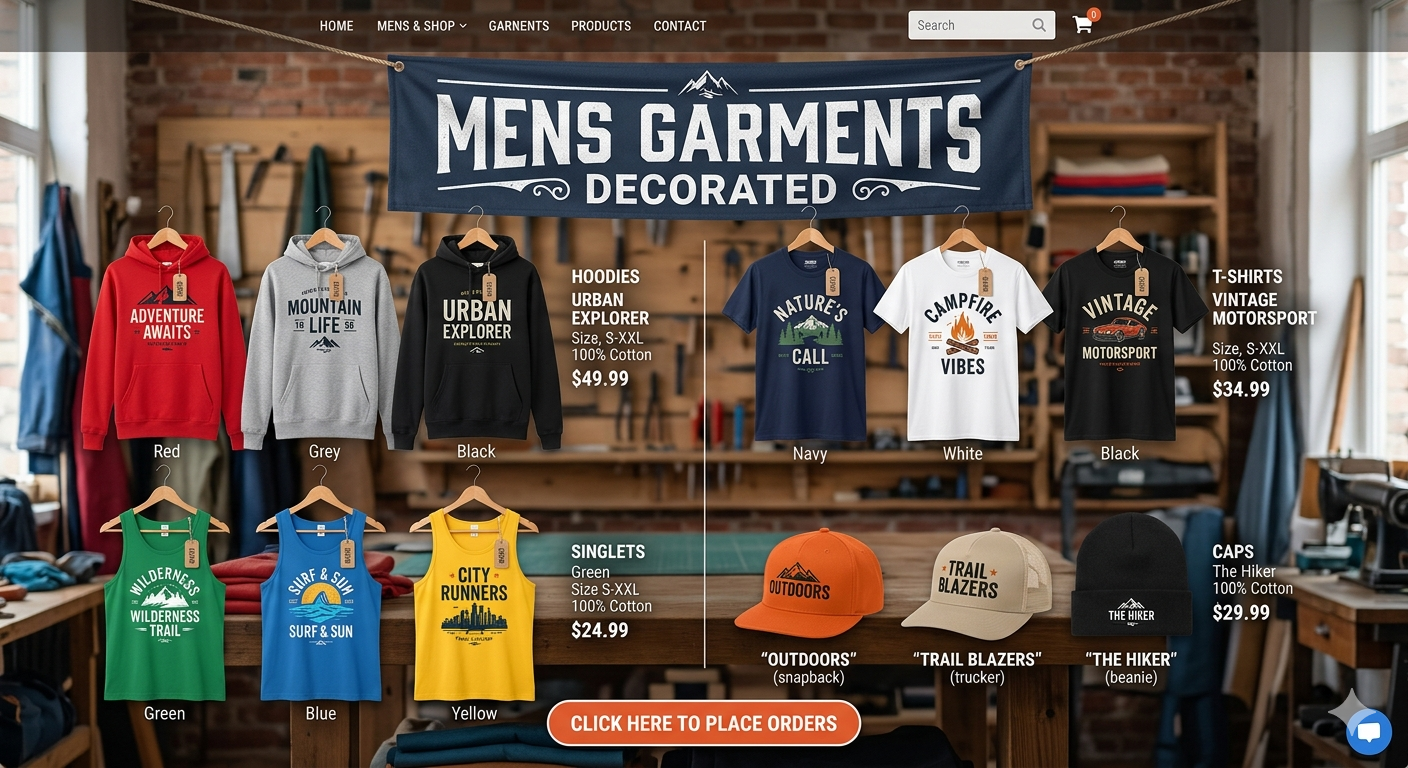 A professional catalog display of decorated men's apparel featuring assorted hoodies, t-shirts, singlets, and caps in various colors with custom graphic prints. The scene includes a top banner reading "Mens Garments Decorated"