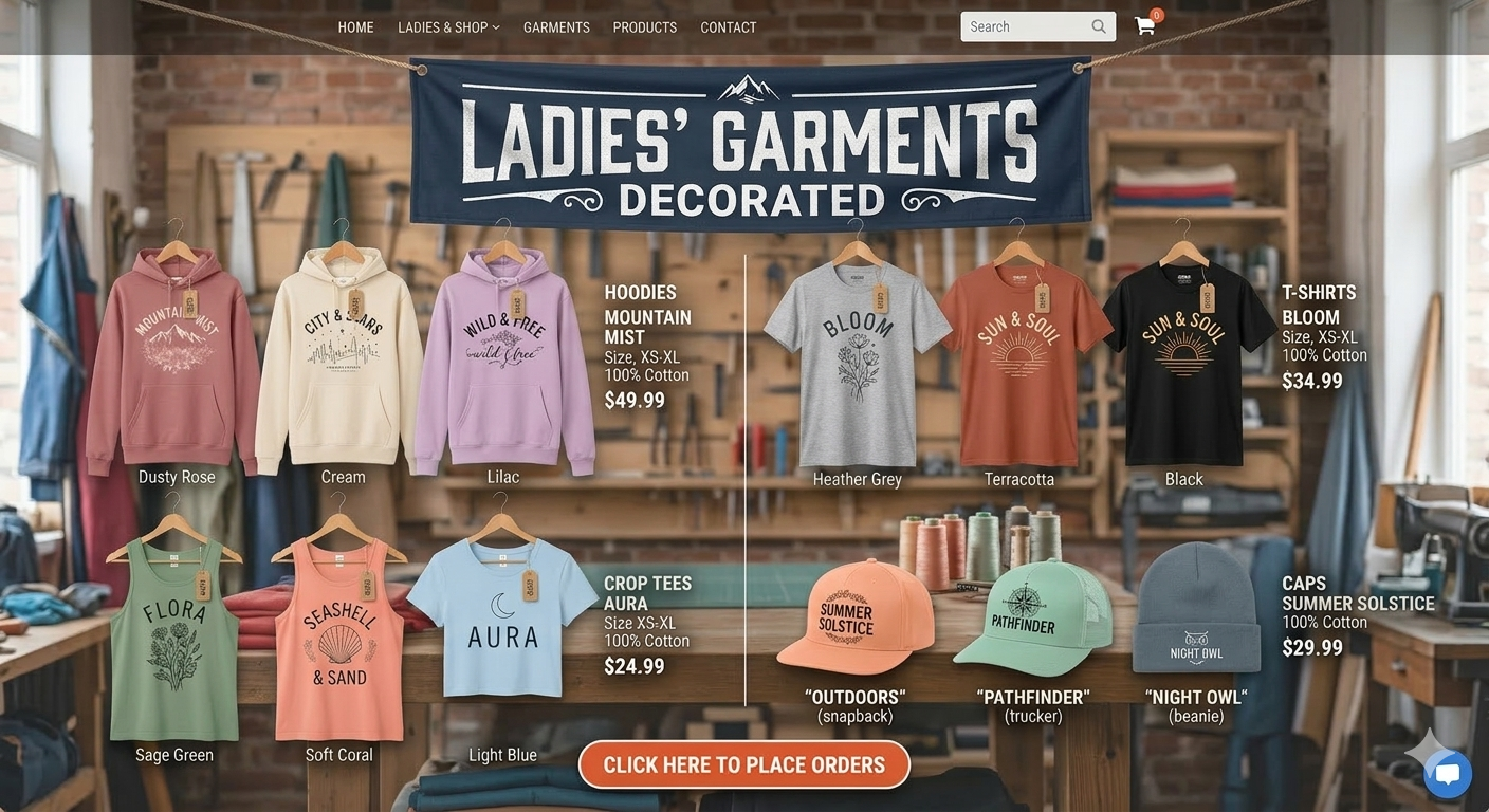A professional product catalog webpage for a custom apparel business, titled "LADIES' GARMENTS DECORATED" on a blue hanging banner. The scene is set in a garment workshop. Multiple products are displayed with their designs, color names, and prices: three hooded sweatshirts