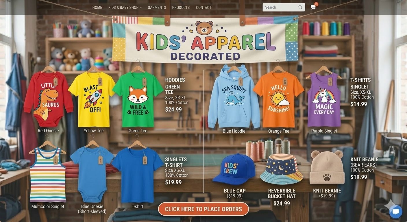 catalog for a custom kids' clothing business, titled "KIDS' APPAREL DECORATED" on a colorful banner. The scene is set in a garment workshop. A variety of kids' apparel are featured with cute graphic prints, including: a red onesie with a dinosaur, a yellow tee with a rocket, a green tee with a fox, a blue hoodie with a whale, an orange tee with a sun