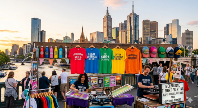 A vibrant outdoor display of custom-printed apparel including colorful t-shirts, hoodies, caps, and water bottles on a bridge with the Melbourne city skyline and Yarra River in the background.