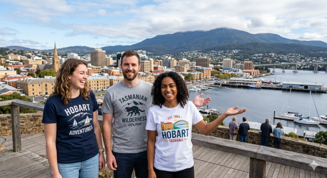 Three people wearing custom-printed T-shirts featuring Hobart and Tasmanian wilderness designs, standing at a scenic lookout with the Hobart city skyline, Derwent River, and Mount Wellington in the background.