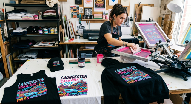 A professional printing studio setup displaying a hoodie, t-shirt, singlet, and cap, all featuring a vibrant, colorful graphic of Launceston. The design includes a stylized bridge and cityscape with "Launceston Coolest City" written in bold pink and teal typography. A person is shown in the background using a screen-printing press with bright pink ink.