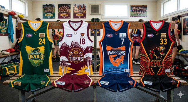 Four custom-designed sublimated AFL football singlets and matching shorts displayed on a bench in a team locker room. The jerseys feature vibrant Tasmanian-themed graphics including the Tasmanian Devil, rugged mountain landscapes, and maps of Tasmania in various color palettes such as forest green and gold, maroon and white, and navy blue with orange accents.