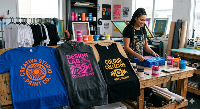 A professional screen printing workshop showcasing three garments with high-contrast color combinations. A royal blue t-shirt features a bright orange circular logo, a charcoal grey hoodie displays a neon pink "Design Lab" graphic, and a black singlet shows a bold yellow "Colour Collective" design. In the background, a person is organizing printed shirts on a wooden workbench