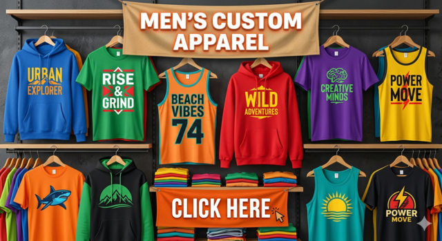 A vibrant display of colorful custom-printed men's apparel, including T-shirts, hoodies, and singlets hanging on a clothing rack. Each garment features a unique, high-contrast graphic design. A large banner at the top reads "MENS CUSTOM APPAREL" and a smaller banner at the bottom says "CLICK HERE."