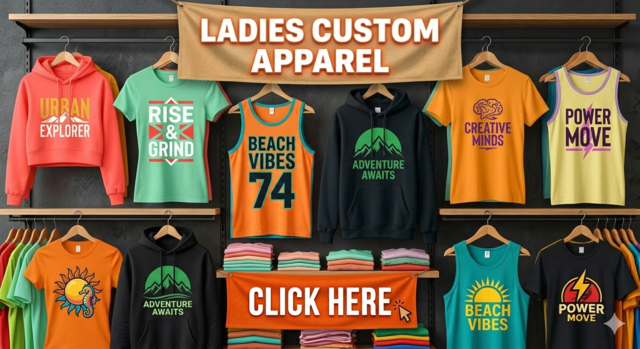 A diverse display of ladies' custom apparel featuring colorful t-shirts, hoodies, tank tops, and crop tanks, each with distinct, high-contrast graphic designs, organized on a wooden shelving system in a clothing boutique setting. The composition includes prominent banners with the text "LADIES CUSTOM APPAREL"