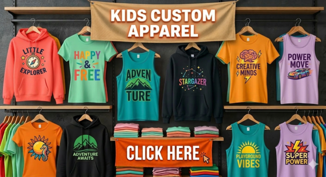 A vibrant display of colorful custom-printed kids' clothing, including t-shirts, hoodies, and tank tops, arranged on wooden shelves against a dark gray industrial wall. A large banner hangs at the top center with the text "KIDS CUSTOM APPAREL." Each garment features a unique, eye-catching graphic design and text like "LITTLE EXPLORER," "HAPPY & FREE," "ADVENTURE,"