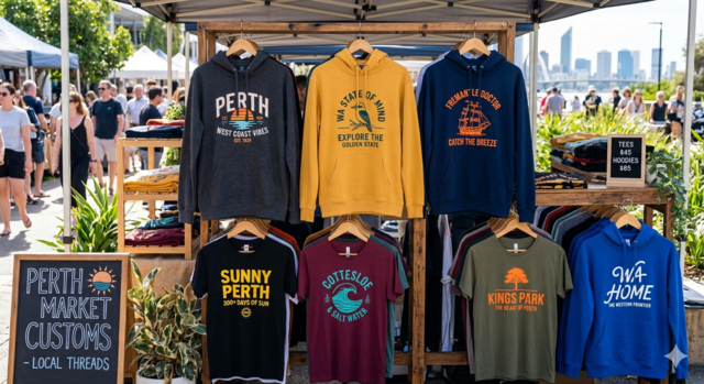 A vibrant outdoor market stall in Perth showcasing custom-printed hoodies and t-shirts with high-contrast graphics. The apparel features Western Australia-themed slogans like "Sunny Perth," "Cottesloe & Salt Water," and "Fremantle Doctor"