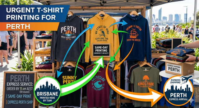 An outdoor market stall in Perth showcases custom-printed hoodies and t-shirts. Promotional graphics indicate 'URGENT T-SHIRT PRINTING FOR PERTH', 'SAME-DAY PRINTING (ORDER BY 11 AM AEST)', and 'EXPRESS SHIPPING: PERTH'