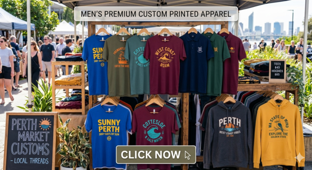 A vibrant outdoor market stall with a distant city skyline, showcasing a diverse range of custom-printed men's apparel. Hanging on rustic wooden racks are several colorful t-shirts, polo shirts, and hoodies with Western Australia-themed designs like "Sunny Perth" and "West Coast Vibes.