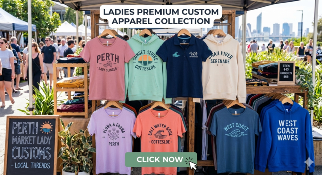A vibrant outdoor market stall in Perth showcasing a collection of ladies' custom-printed t-shirts, hoodies, and a polo shirt. The apparel features diverse Western Australia-themed graphics like "Perth Lady Slinger," "Sunset Strike Cottesloe," and "Flora & Fauna Perth" in soft and bright colors.