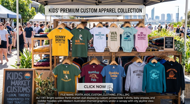 A colorful outdoor market stall in Perth with a city skyline view, featuring a display of custom-printed kids' t-shirts, baby onesies, and toddler hoodies with Western Australian-themed graphics, under a canopy with people browsing in the background.