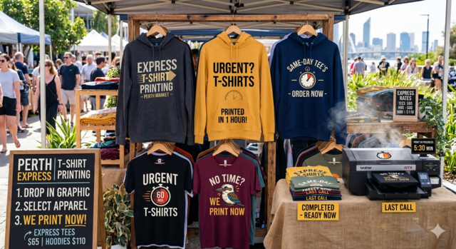 A high-speed custom printing setup at a Perth market stall featuring a Brother GTX direct-to-garment printer in action. The display includes hoodies and t-shirts with urgent messaging like "Printed in 1 Hour!", "Same-Day Tee's," and "No Time? We Print Now.