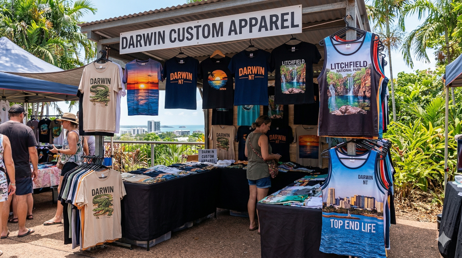 A market stall in Darwin showcasing custom-printed t-shirts, singlets, and tank tops. The apparel features vibrant designs of crocodiles, Litchfield National Park waterfalls, and Northern Territory sunsets, set against a backdrop of tropical greenery and the Darwin coastline.