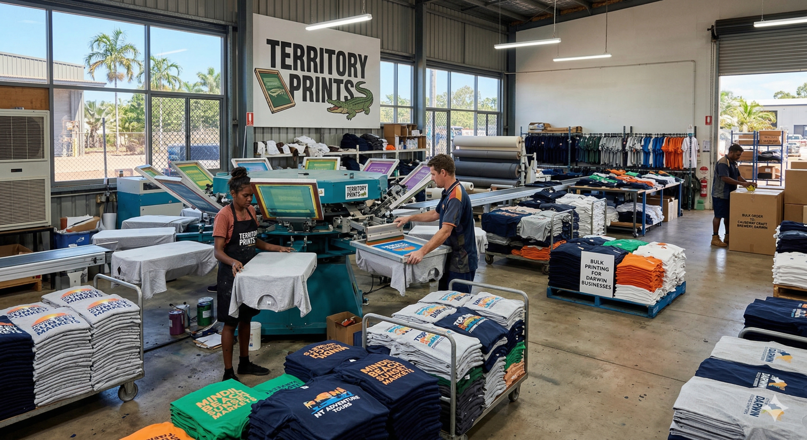 A busy commercial screen printing facility in Darwin producing bulk t-shirt orders for local businesses. Staff are shown operating a multi-station carousel press with stacks of finished shirts featuring Mindil Beach and NT adventure themes, reflecting the local tropical industry.