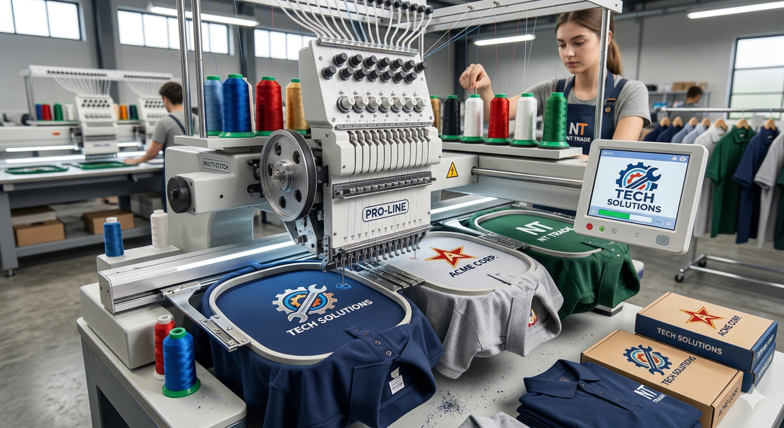 A high-speed multi-head industrial embroidery machine stitching company logos onto navy and green polo shirts. The image shows detailed thread work for business branding, with spools of vibrant thread and a digital control panel in a professional workshop setting.