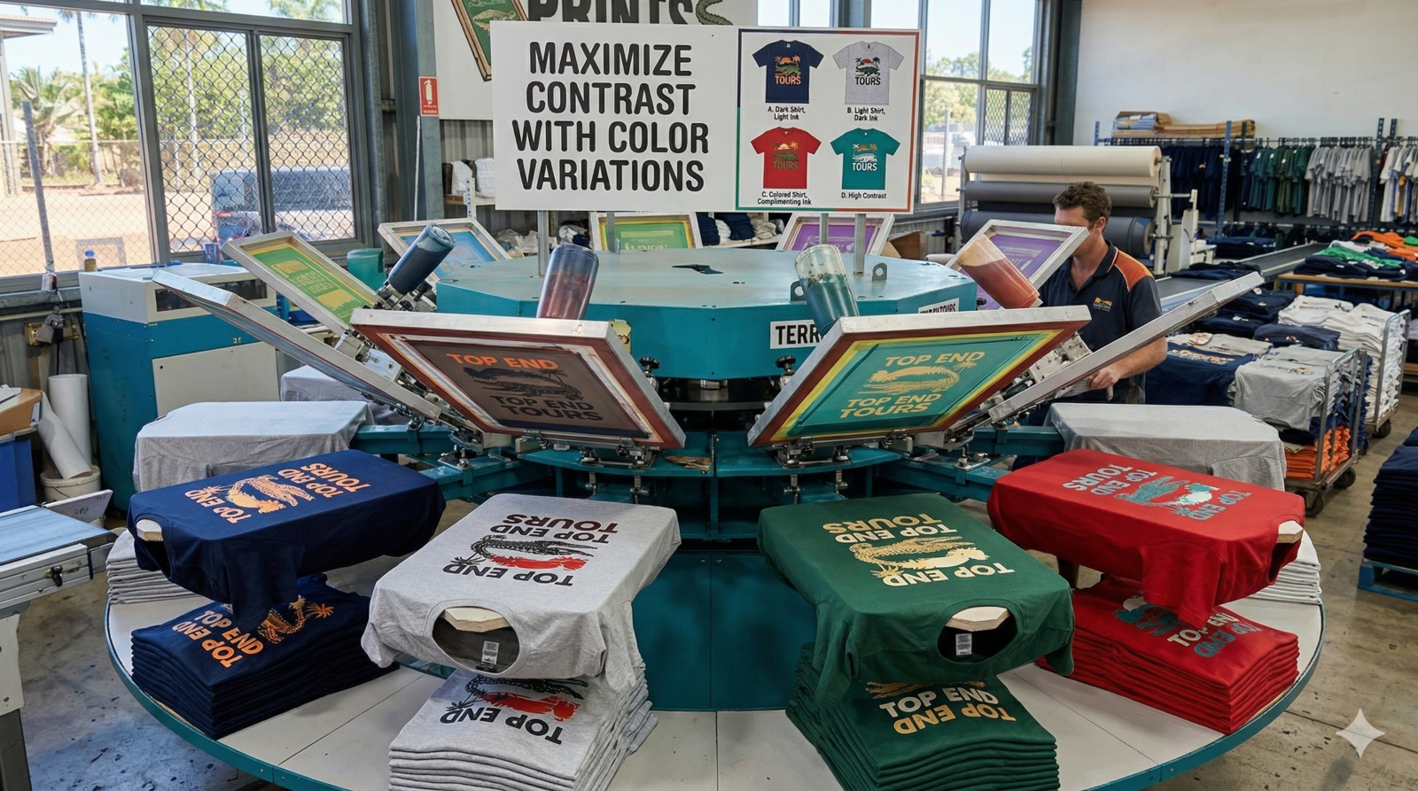 A screen printing carousel demonstrating high-contrast ink and garment combinations. The display shows various color pairings, such as orange ink on navy shirts, red ink on grey shirts, and yellow ink on green shirts, illustrating how different ink colors can be used across a variety of fabric tones to create striking, legible prints.