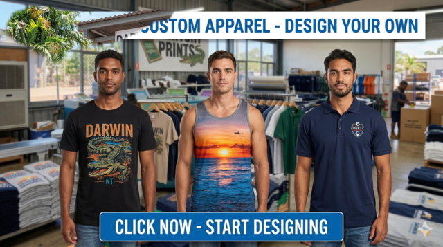 A collection of custom-printed men's apparel including a t-shirt featuring a stylized crocodile, a sunset-themed singlet, and an embroidered polo shirt. The designs highlight Darwin's tropical lifestyle and Northern Territory heritage.