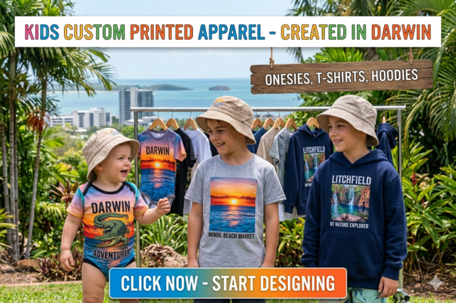 A collection of kids' custom-printed apparel including a colorful onesie with a stylized crocodile, a t-shirt featuring a sunset-themed design, and a navy blue hoodie. The apparel highlights Darwin's tropical lifestyle and Northern Territory heritage. The image includes the text 'KIDS CUSTOM PRINTED APPAREL