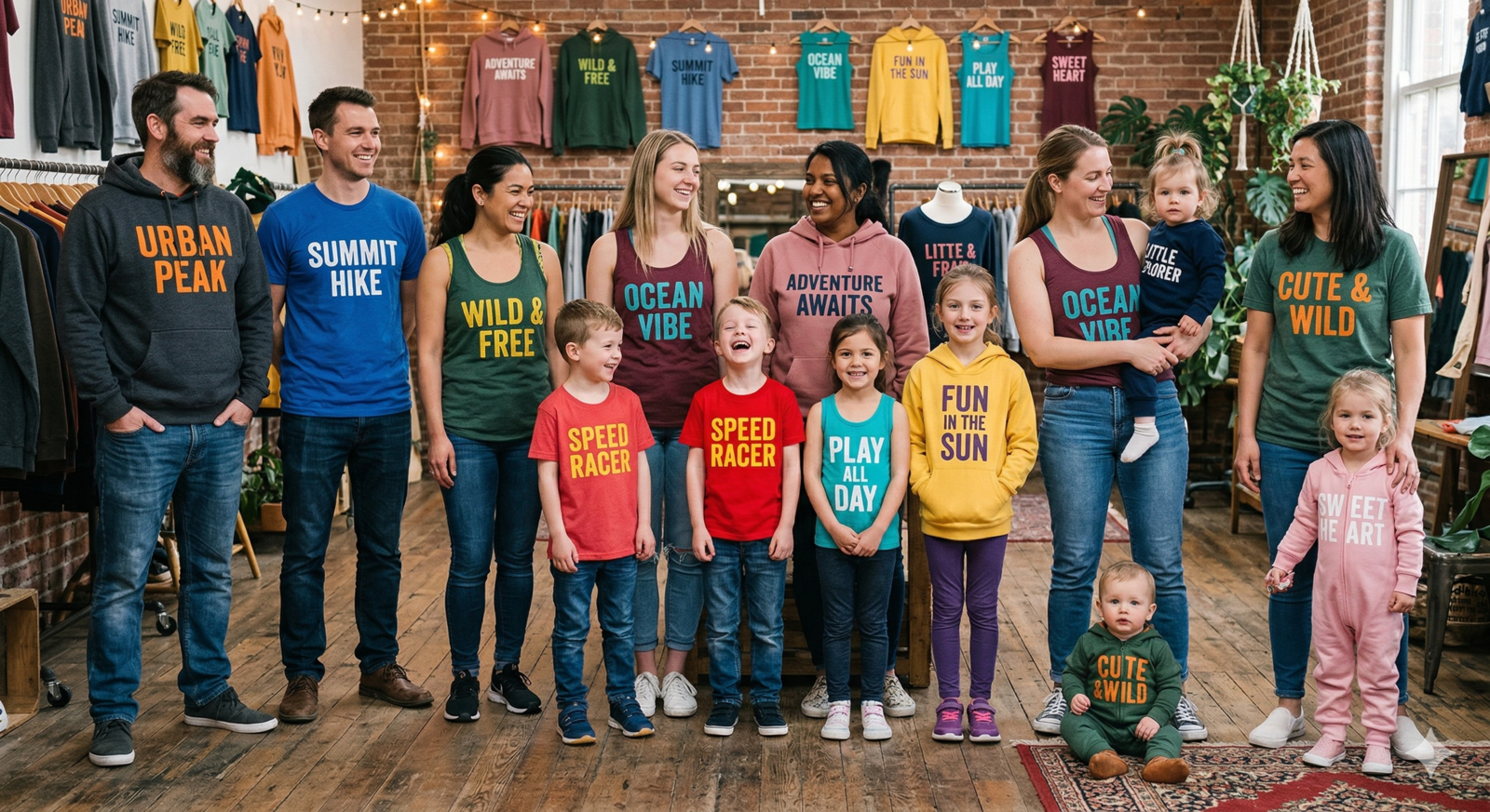A diverse group of men, women, and children wearing custom-printed hoodies, T-shirts, tank tops, and baby onesies in various vibrant colors with high-contrast printed designs in a modern apparel studio.