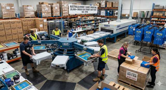 A large-scale industrial warehouse in Australia filled with a massive bulk order of printed t-shirts. Workers in safety vests are seen folding and packing thousands of blue and yellow "Unity Run" shirts into cardboard boxes. High stacks of folded garments sit on wooden pallets next to an automatic screen printing press, illustrating high-volume wholesale production.