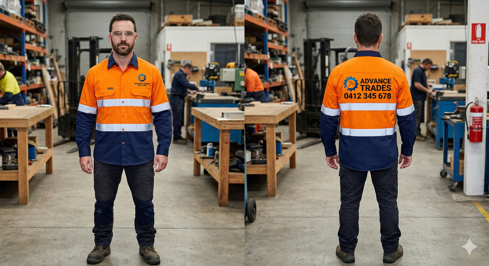A front and back view of a person wearing a two-tone orange and navy blue high-visibility long-sleeve work shirt. The front view shows a small logo on the left chest. The back view displays a large "Advance Trades" logo with a phone number printed across the upper back.