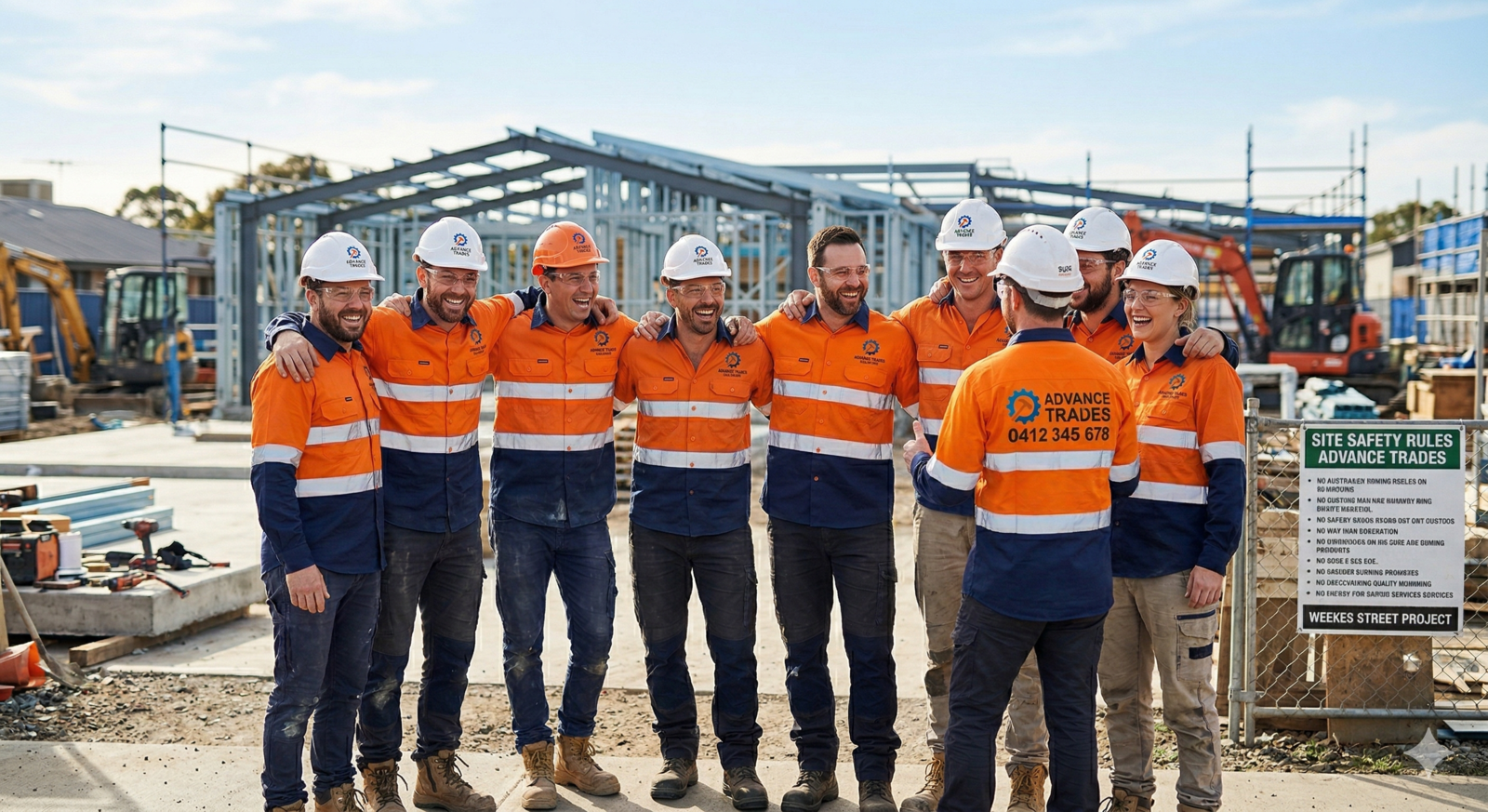 A smiling team of construction workers in matching high-visibility gear posing together on a job site with a "ADVANCE TRADES" logo visible.