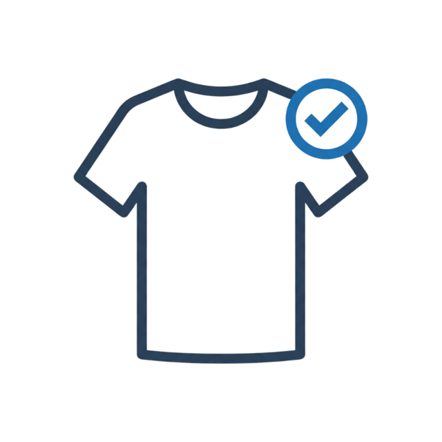 Flat vector icon of a t-shirt with a checkmark representing expert help choosing the right shirt