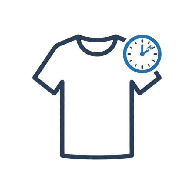 Flat vector icon of a t-shirt with a clock representing fast turnaround t-shirt printing