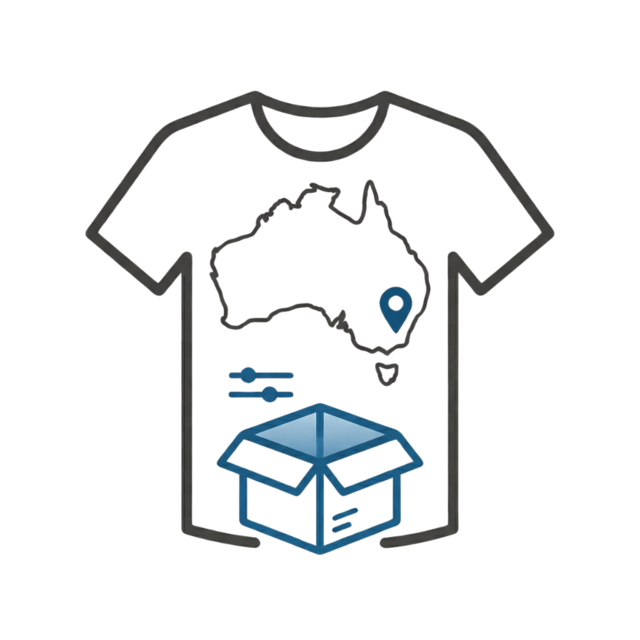 Flat vector icon of a t-shirt with a delivery box and location pin representing Australia-wide service