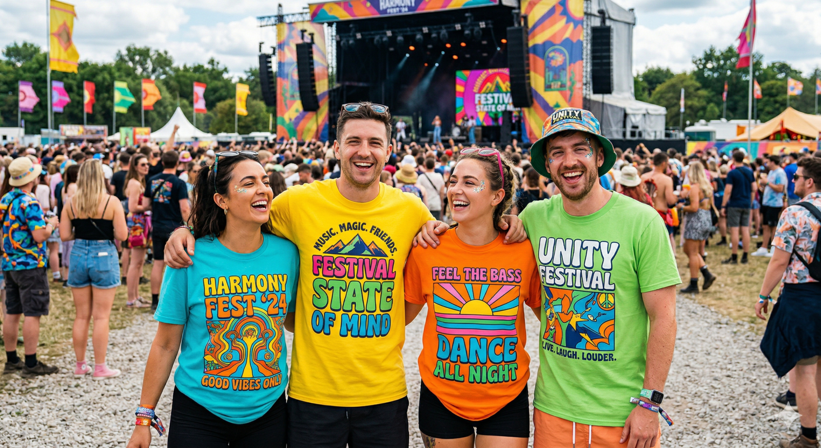 Four people standing together at an outdoor music festival wearing vibrant, custom-printed t-shirts in turquoise, yellow, orange, and lime green. The shirts feature psychedelic designs and festival slogans like "Harmony Fest '24," "Festival State of Mind," "Dance All Night," and "Unity Festival."