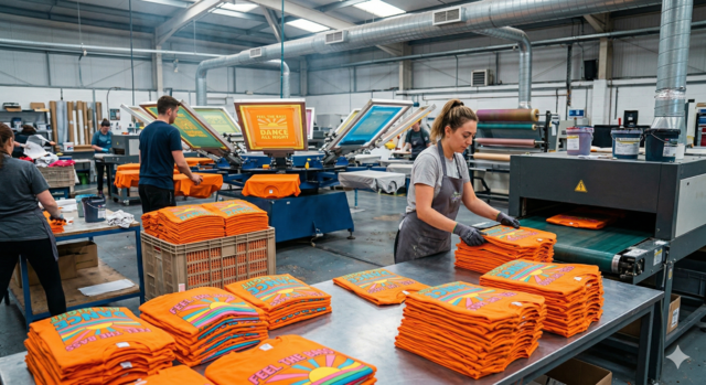 A busy garment printing factory where workers are stacking freshly printed orange t-shirts. In the background, a large industrial carousel screen printing machine is in operation, with stacks of shirts featuring "Dance All Night" festival graphics on metal workbenches in the foreground.