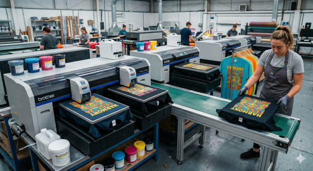 A wide shot of a professional printing facility featuring industrial DTG (Direct to Garment) printers. A worker is shown collecting a black t-shirt with a colorful "Harmony Fest '24" design from a conveyor belt as the machines continue to print detailed, multi-colored graphics directly onto other shirts.