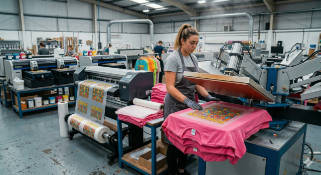 A textile printing factory worker operating a large-format heat press machine to apply a colorful, psychedelic-style "Bohemian Festival" design onto bright pink t-shirts. Next to the press is a professional DTF (Direct-to-Film) printer actively feeding printed transfer film, with other factory staff working in the background.