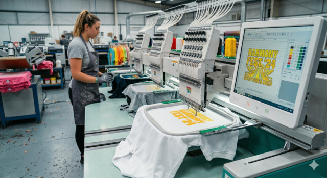 A textile worker in a grey apron monitors a multi-head commercial embroidery machine in a factory setting. The machine is actively embroidering a yellow "HARMONY FEST '24" logo onto a white shirt, with the design also displayed on a computer control screen.