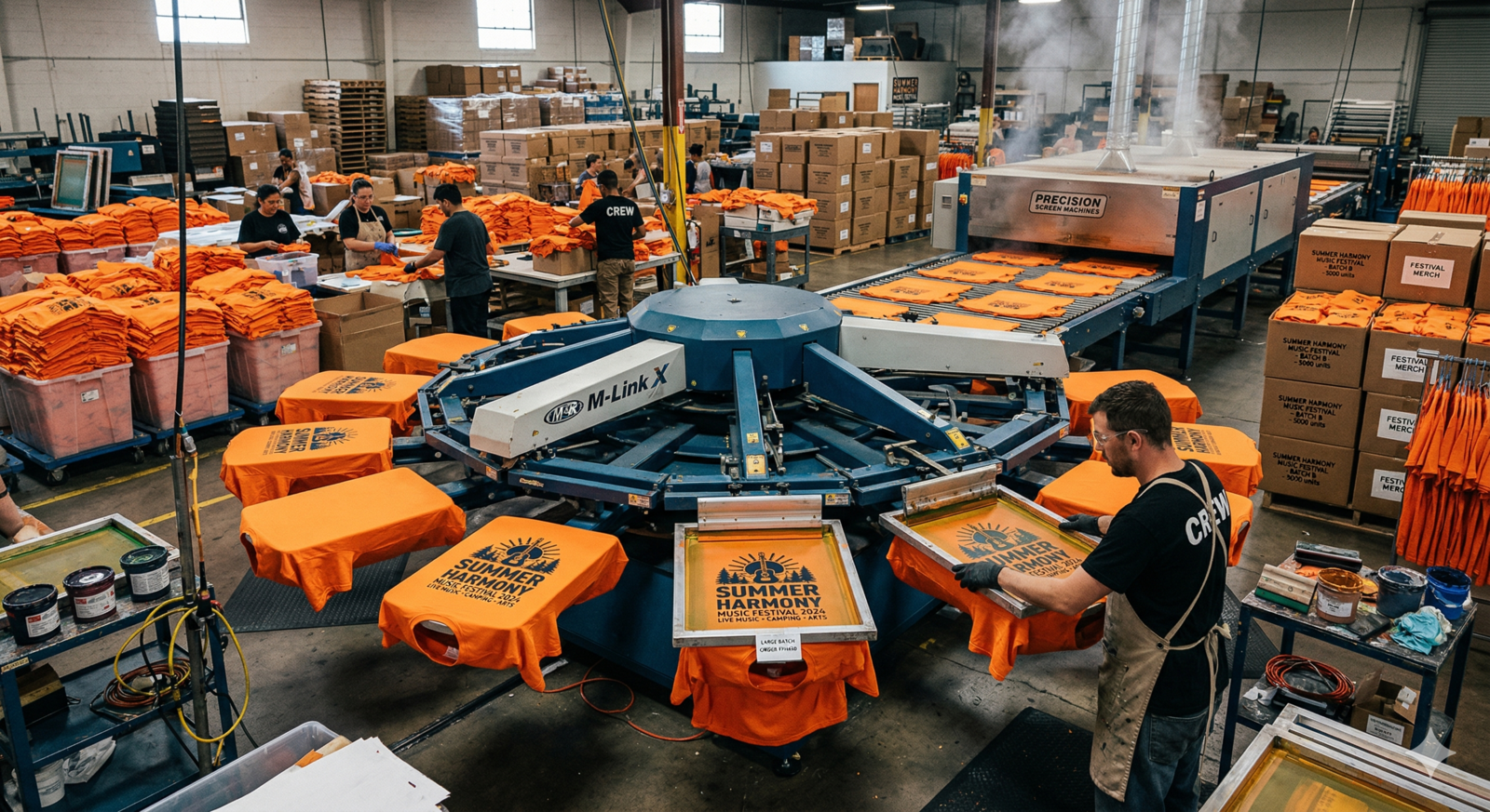 A high-volume screen printing facility processing a large bulk order of vibrant orange T-shirts with a "Summer Harmony Music Festival" logo on an industrial carousel press.