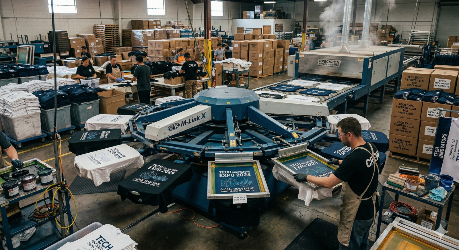 A factory worker operates a large, multi-platen carousel screen printing machine. The machine, labeled "M-Link X," is printing t-shirts with a "TECH INNOVATORS EXPO" logo. The background shows a large warehouse space filled with workers, machinery, and pallets of boxed product.