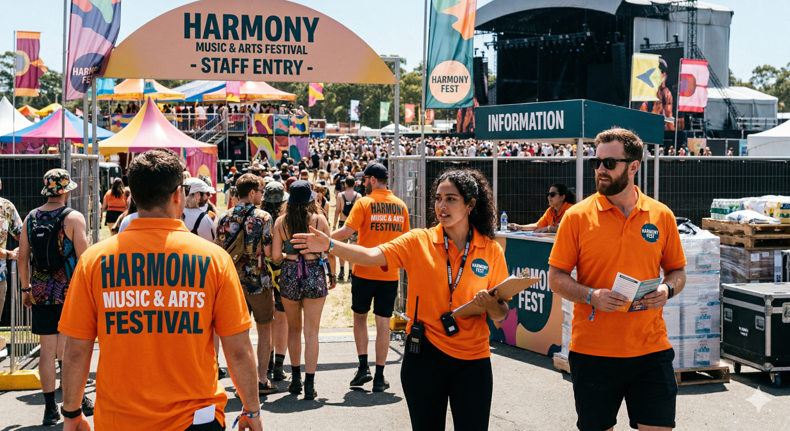Event staff members wearing vibrant orange polo shirts branded with the "Harmony Music & Arts Festival" logo. A female staff member with a clipboard directs attendees near the "Staff Entry" gate, while other staff and a crowded festival ground with colorful tents are visible in the background.