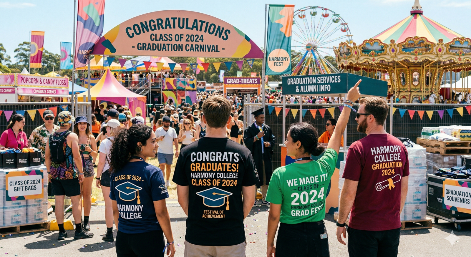Custom t-shirts for Harmony College Class of 2024 graduates at a graduation carnival celebration. Graduates are shown wearing branded shirts in an outdoor event with a Ferris wheel, carousel, and a "Congrats Graduates" archway.