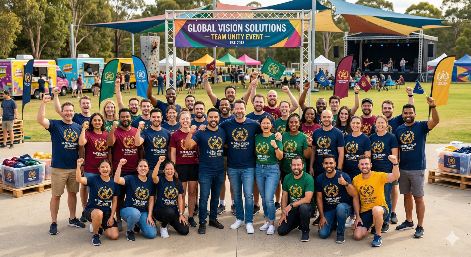 A group photo of employees in colorful branded T-shirts at a corporate team-building event held outdoors at a park with event tents and flags.