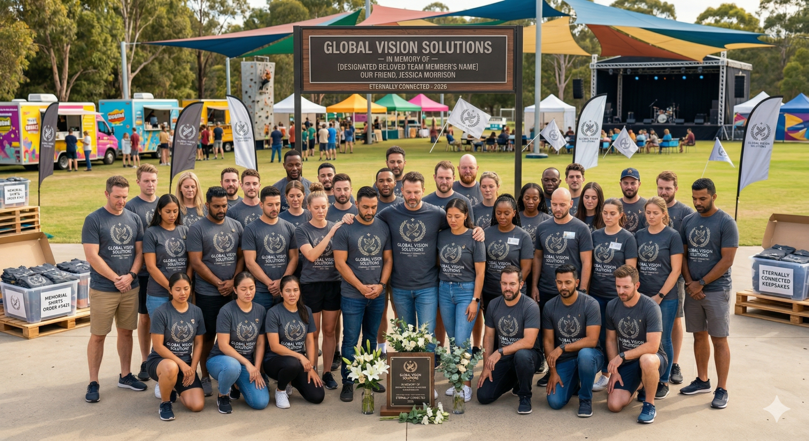 Staff members in matching gray memorial shirts standing together at an outdoor event featuring a commemorative plaque and flowers.